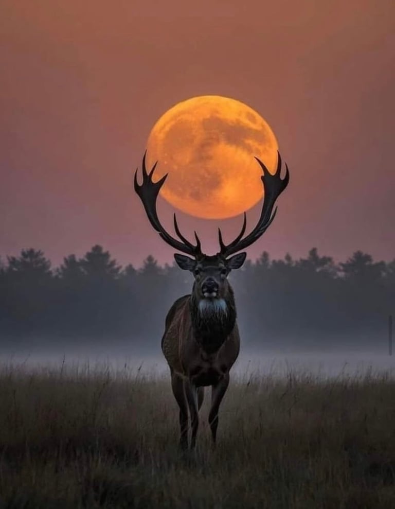 A majestic deer with large antlers stands in a misty field, silhouetted against a massive glowing orange full moon at dusk.