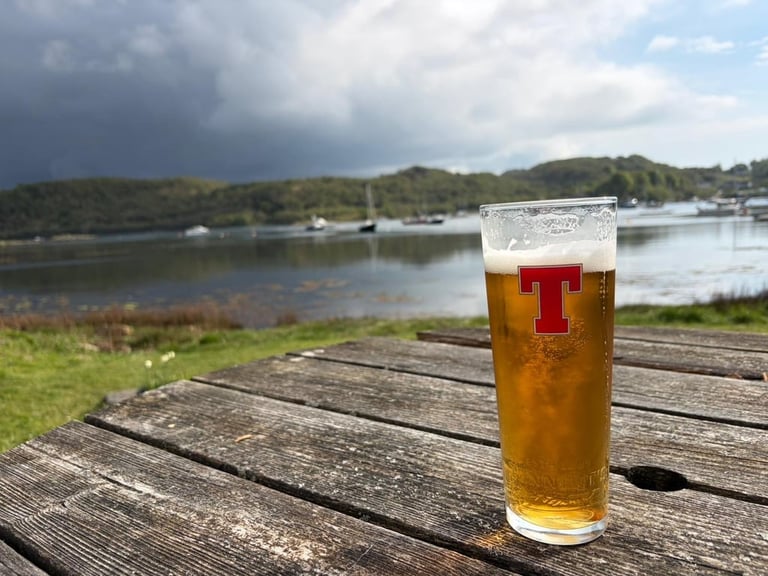 Glass of beer with red T logo on wooden table by a river with boats and hills in background
