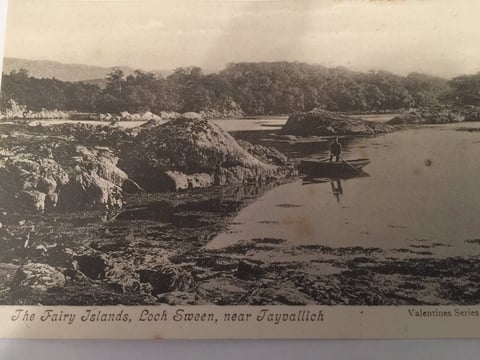 Vintage photograph of The Fairy Islands in Loch Ewes near Tain, Scotland, showing rocky islands surrounded by water with forested shores