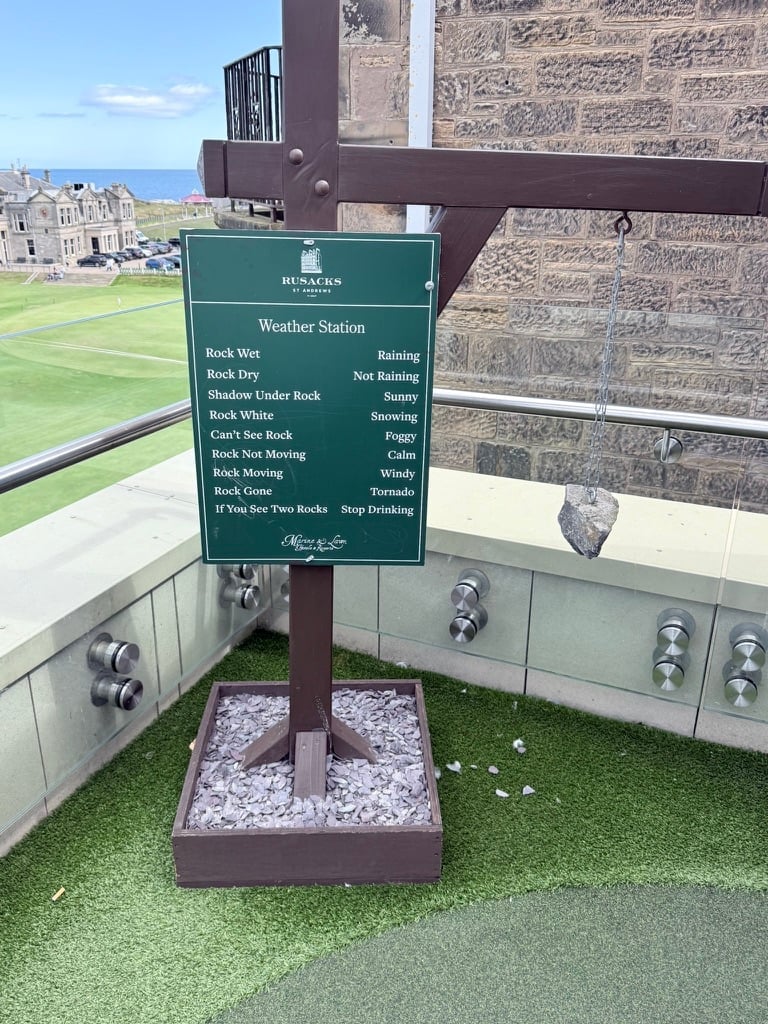 A Dundacks weather station sign with humorous weather descriptions mounted on a wooden post on a rooftop overlooking a castle and green lawns